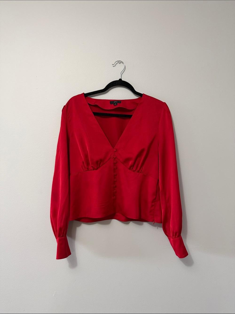 J. Crew Bright Red V-Neck Button-Front Satin Blouse